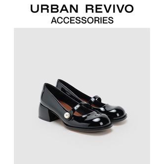 URBAN REVIVO2026夏季新款女士亮面粗跟玛丽珍单鞋UAWS60071+