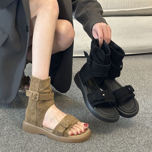 夏季复古厚底一字带罗马凉鞋女2026新款网红设计感皮带扣短筒凉靴主图