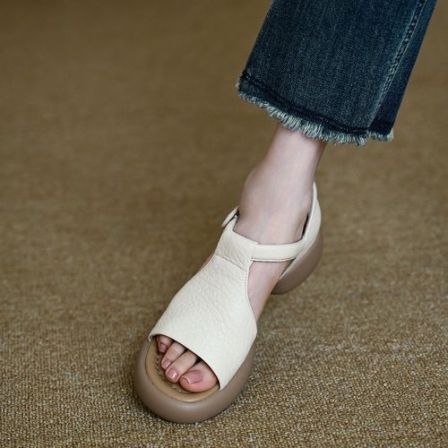 MENEER-M厚底露趾凉鞋女夏季真皮一脚蹬仙女风时装鞋