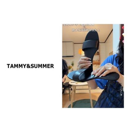 【Tammy&Summer】时尚简约高级感夏季黑色真皮中跟一字拖鞋2536-07