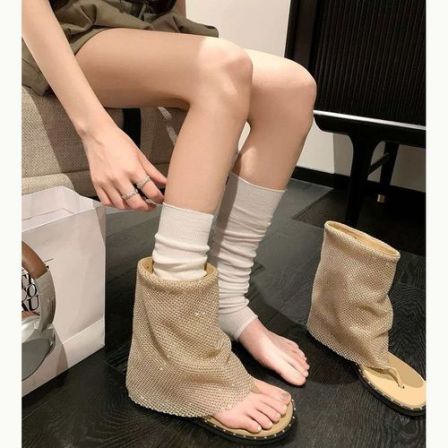 迪斯克~5cm内增高版亮钻夹趾西部短筒凉靴罗马凉鞋女布灵布灵女鞋