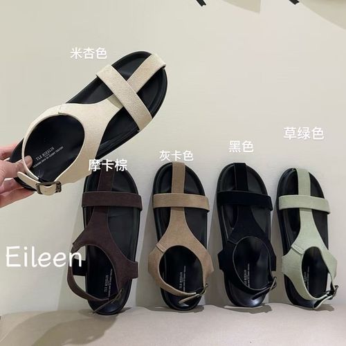 真皮软皮交叉带勃肯凉鞋女夏季新款厚底百搭舒适沙滩罗马鞋A158-1主图