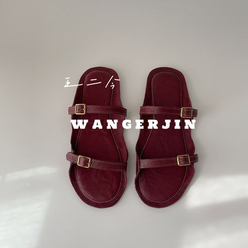 【王二今】羊皮/2CM/极简老钱一字皮带扣松弛休闲时尚漏趾半拖凉鞋主图