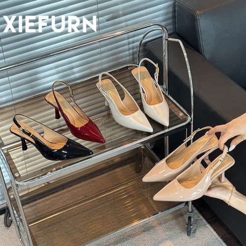 XIEFURN/鞋夫人法式漆皮高跟鞋女春夏尖头细跟后空凉鞋气质优雅主图