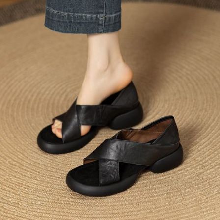绝美百搭一鞋两穿交叉带露趾厚底罗马凉鞋女2026夏外穿软底凉鞋女