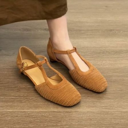 羊皮版~复古编织方头罗马凉鞋度假风女中空一字扣带粗跟真皮包头