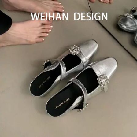 羊皮版！法式方头水钻扣玛丽珍半拖女夏外穿百搭增高一脚蹬穆勒鞋