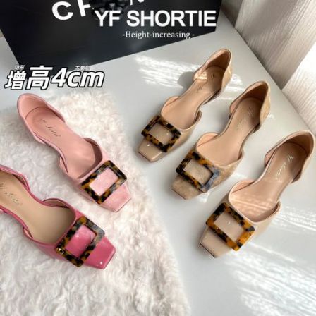 小个子增高4CM豹纹方扣平底中空凉鞋女2026新款法式方头浅口单鞋