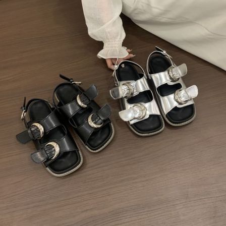 韩版皮带扣银色凉鞋女夏季外穿2026新款露趾凉拖鞋厚底舒适罗马鞋