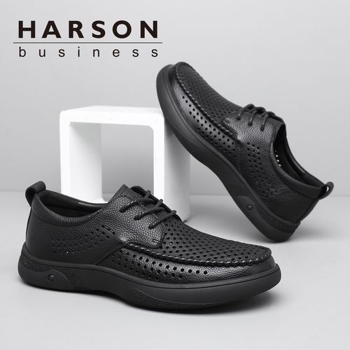 Harson/哈森夏季休闲皮鞋男透气系带开车鞋真皮镂空男士休闲鞋主图