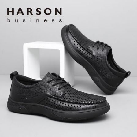 Harson/哈森夏季休闲皮鞋男透气系带开车鞋真皮镂空男士休闲鞋
