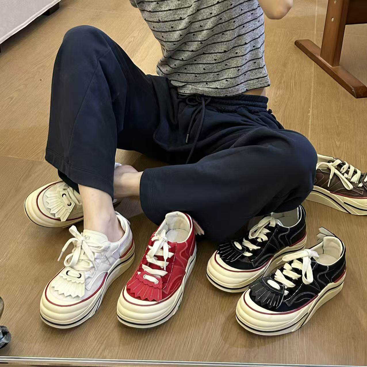 H55女鞋26年夏季新款休闲厚底增高流苏时尚百搭潮流美式复古板鞋主图