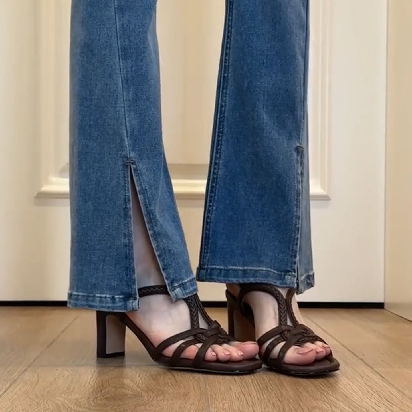 羊皮版~法式编织镂空一字扣带高跟鞋女夏季罗马粗跟凉鞋露趾女鞋主图