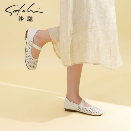 沙驰女鞋慵懒风透气洞洞鞋舒适平底鞋25年夏新款凉鞋女玛丽珍单鞋