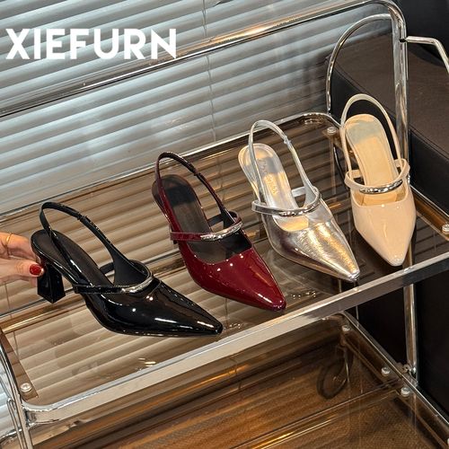 XIEFURN/鞋夫人高跟鞋女7cm5cm方跟尖头浅口单鞋一字扣带包头凉鞋主图