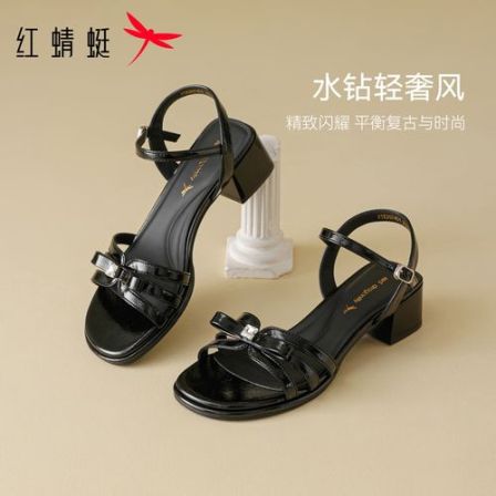 红蜻蜓女鞋2026夏季新款一字带凉拖粗跟高级爆款蝴蝶结水钻凉鞋女