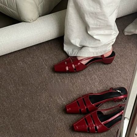 法式复古红色编织方头低跟后绊带凉鞋女夏季外穿慵懒百搭罗马鞋
