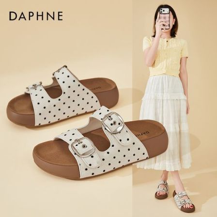 Daphne/达芙妮夏季外穿波点厚底一字拖鞋女露趾百搭凉拖鞋沙滩鞋