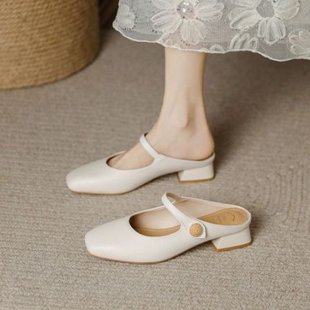 法式真皮包头中跟半拖鞋女新款配裙时尚粗跟方头凉拖鞋外穿女夏季