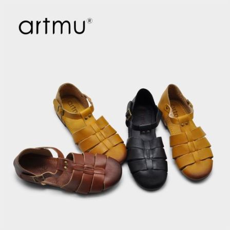 Artmu阿木复古学院风T字带包头凉鞋新款夏季真皮镂空猪笼鞋9262-1