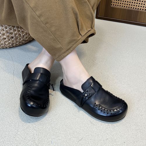 6888-18头层牛皮穆勒拖鞋外穿女式半拖真皮懒人一脚蹬包头凉拖鞋主图
