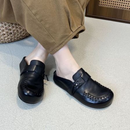 6888-18头层牛皮穆勒拖鞋外穿女式半拖真皮懒人一脚蹬包头凉拖鞋