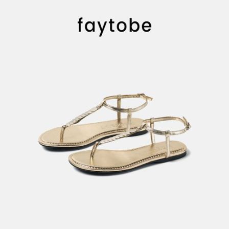 faytobe时尚金属链条夹趾凉鞋女夏季新款度假风休闲舒适平底凉鞋