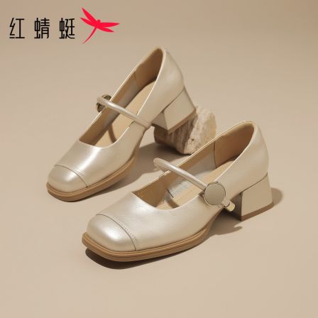 红蜻蜓粗跟单鞋女夏季一字带设计软底百搭复古风通勤方头玛丽珍鞋