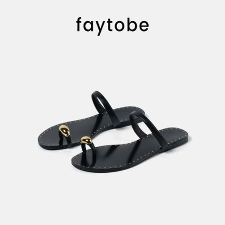 【618抢先购】faytobe时尚金属指环套趾拖鞋女休闲百搭一字细带平底凉鞋外穿夏