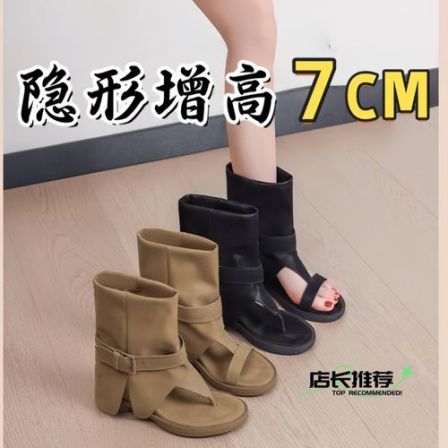 高跟内增高皮带扣时尚凉靴女2026夏季复古小众罗马短靴裤管露趾靴