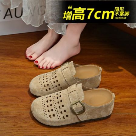 小个子内增高7cm镂空勃肯半拖鞋女2026夏新款不累脚软底包头凉拖
