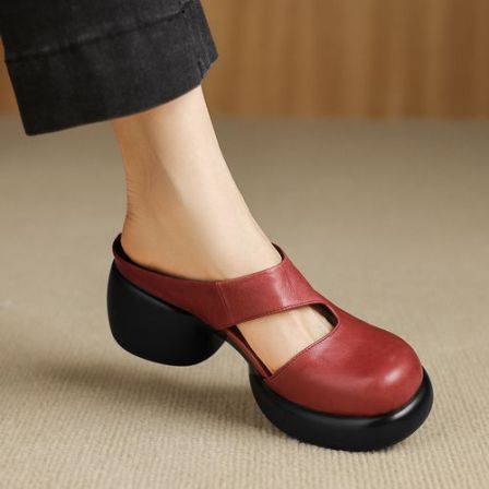6.5cm小个子久穿不累脚厚底包头半拖鞋女真皮外穿镂空穆勒鞋凉拖