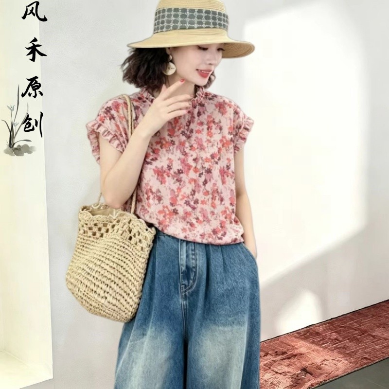 【风禾】-96059-夏季新款时尚百搭气质法式印花休闲花边领短袖衫主图