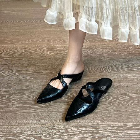 4.5CM牛皮法式交叉带一脚蹬外穿百搭女士包头半拖夏季配裙子女拖