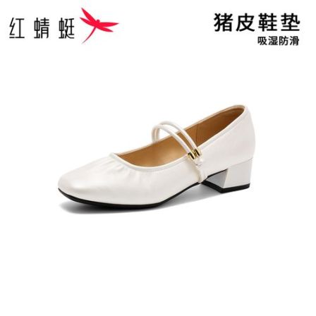 红蜻蜓女式时尚新款夏季百搭舒适法式粗跟玛丽珍浅口一脚蹬单鞋
