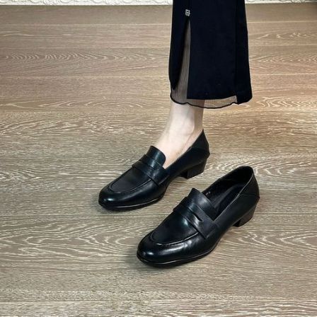 3.5CM牛皮粗跟一脚蹬法式复古百搭女士高级感极简风韩版气质单鞋
