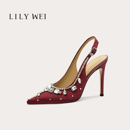 LilyWei【心动时刻】酒红色尖头水钻高跟凉鞋优雅婚鞋宴会礼服鞋主图