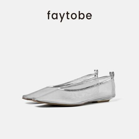 【618抢先购】faytobe网纱镂空僧侣鞋25夏半透明舒适牛皮平底饰边尖头浅口单鞋