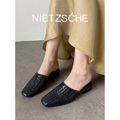 尼采官方平底｜擦色水洗牛皮｜手工编织重磅包头穆勒女鞋2506-11主图