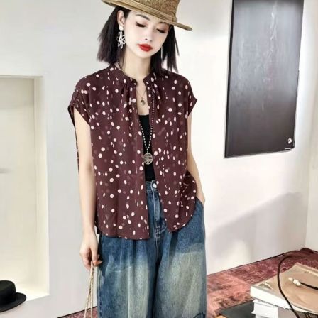 【风禾】-96039-夏季新款时尚百搭气质法式印花复古休闲圆领短袖衫