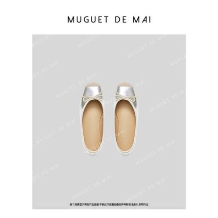 【MGDM】金属牛皮羊猄皮浅口银色方头平底女单鞋橡筋软底芭蕾舞鞋