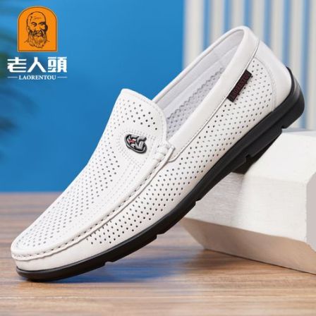 老人头豆豆鞋男镂空透气夏季时尚休闲皮鞋男软底轻便小白鞋乐福鞋