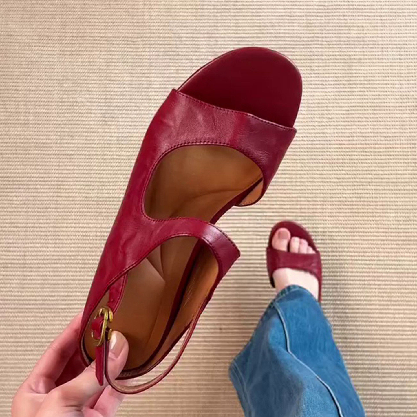 羊皮版~法式复古简约露趾圆头内增高凉鞋一字扣带百搭休闲罗马鞋主图