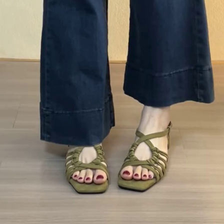 羊皮版~方头法式复古露趾编织交叉带凉鞋女气质坡跟百搭罗马凉鞋