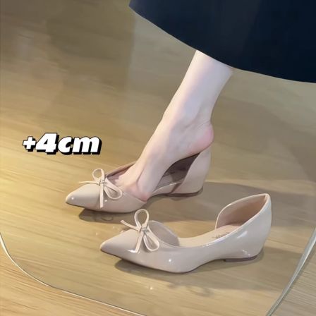 巨好看内增高裸色浅口单鞋女2026新款尖头侧空玛丽珍鞋蝴蝶结凉鞋