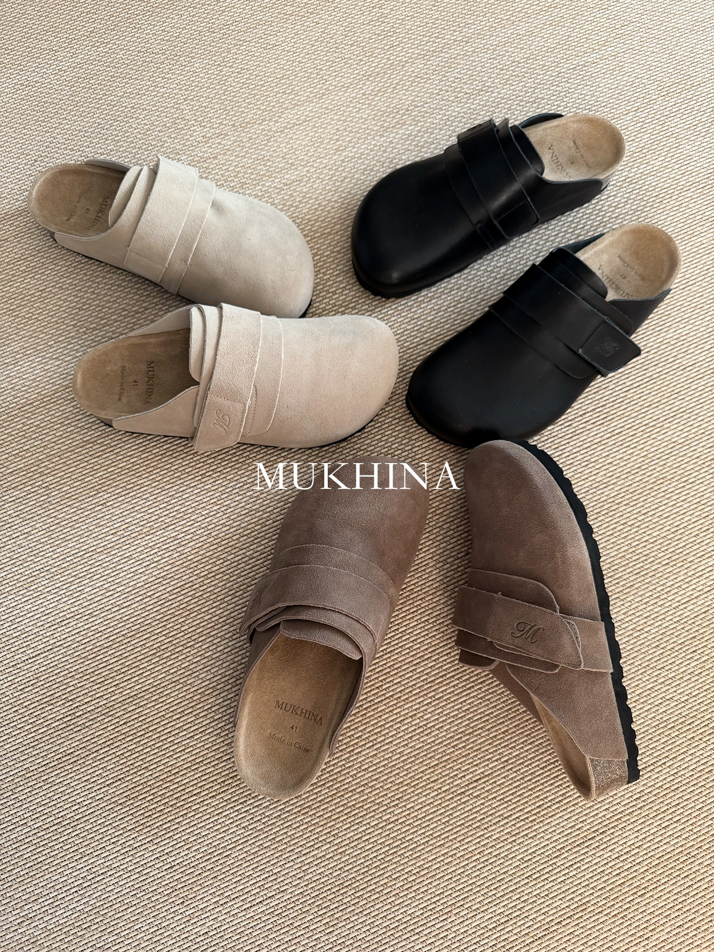 “防水勃肯”MUKHINA 动态牛反绒皮老钱风软木内增高包头拖男女主图