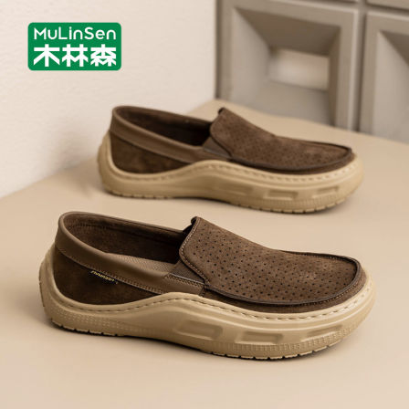 木林森乐福鞋男夏季透气镂空休闲皮鞋真皮商务软底一脚蹬豆豆鞋男