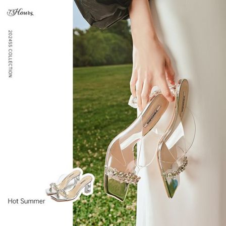 【直播间】73Hours女鞋 Hot Summer仙女风一字带粗跟外穿百搭水晶鞋