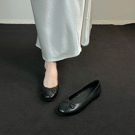 1CM头层牛皮一脚蹬蝴蝶结法式复古百搭女士圆头高级感浅口单鞋