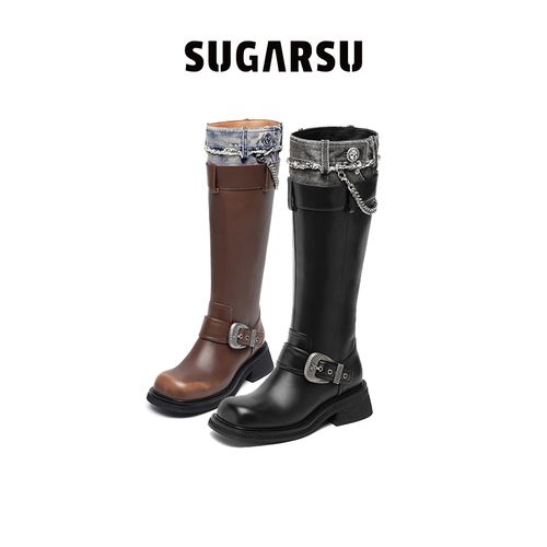 SugarSu/酥履赵昭仪同款牛仔复古中筒时装长靴女高跟黑色高筒靴主图